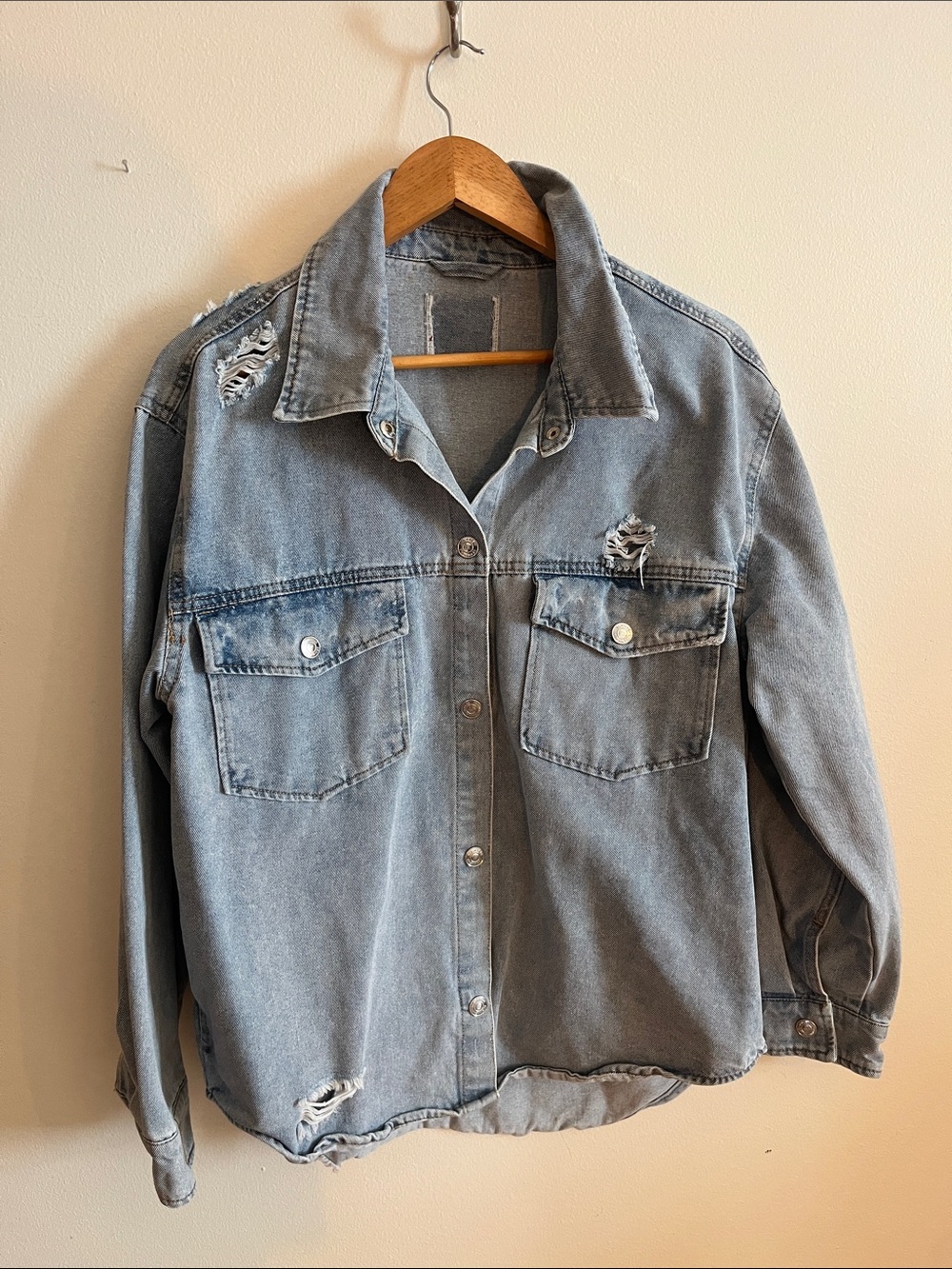 Distressed Light Wash Denim Shirt Jacket - Light Blue